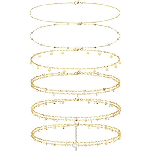 KALANKA-6 Pièces Plaqué Or 14K Chaînes de Taille Chaînes de Corps pour Femmes Couches Bikini Chaînes de Ventre pour la Taille Été Plage Strass Perles Mauvais Yeux Doré Bijoux de Corps Réglables