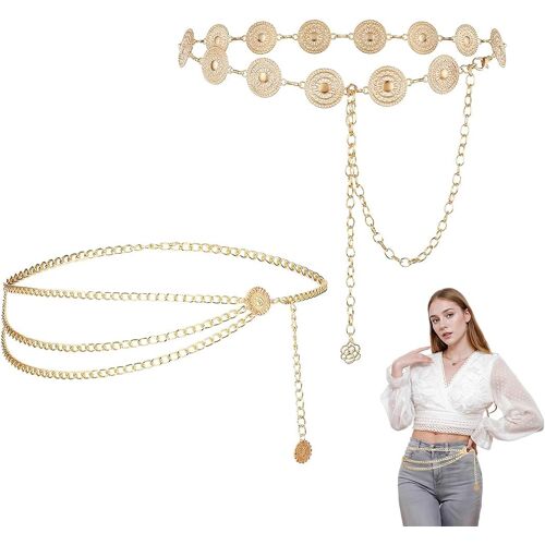 KALANKA-2 Pièces Ceinture Femme en Métal, Ceinture Dorée, Chaîne de Taille en Métal Réglable, Ceinture Chaine pour Femme, Ceinture Multicouche Réglable pour Femme, Chaîne de Taille pour Robe Jeans