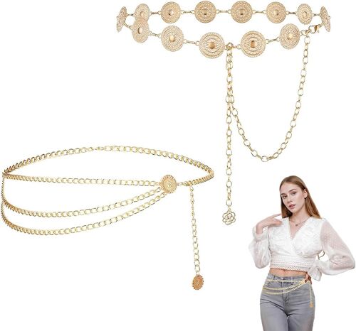 KALANKA-2 Pièces Ceinture Femme en Métal, Ceinture Dorée, Chaîne de Taille en Métal Réglable, Ceinture Chaine pour Femme, Ceinture Multicouche Réglable pour Femme, Chaîne de Taille pour Robe Jeans