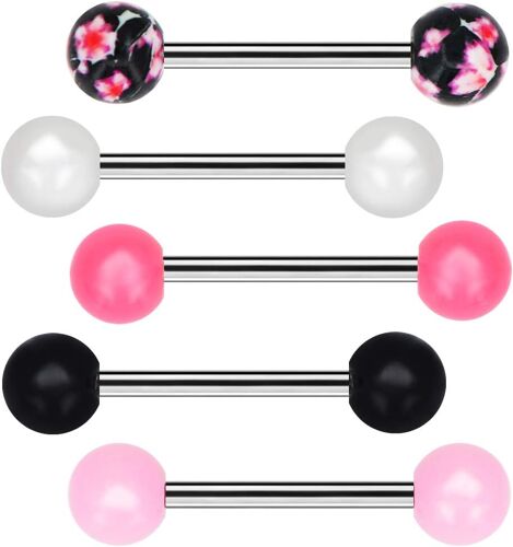 Kalanka-5pcs Piercing Langue 14g Avec Boule En Acier Inoxydable 316l Et Acrylique Couleur De Bonbons Floral Motif Barre De Lnague Piercing Barball Piercing Corps Bijoux Femme Homme