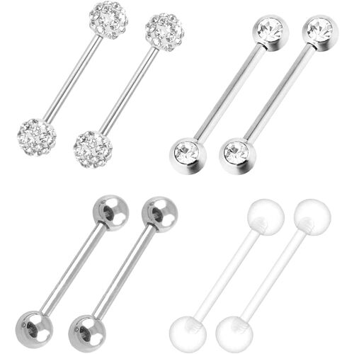Kalanka-Leeq 4 Paires Anneau De Barbell 316l En Acier Inoxydable Anneaux De Mamelon Zircone Cubique Anneaux De Langue Bijoux Piercing, 14 Gauge