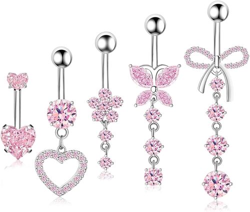 Kalanka-5 Pièces Piercing Nombril Acier Chirurgical, Belly Button Rings Pendentif Long, Piercing Nombril Acier Inoxydable Comprend Des Formes De Papillon, De Fleur Et De C?ur