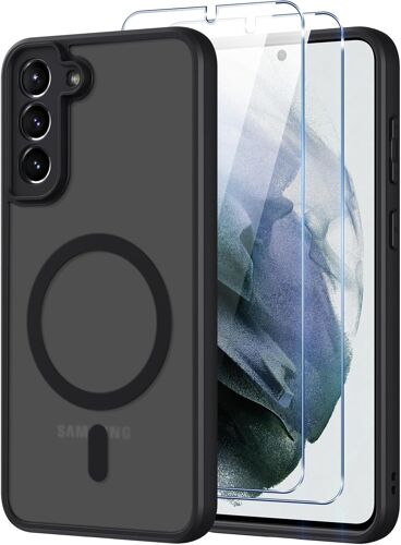 ELVORIX-Coque pour Samsung Galaxy S21 5G Compatible avec MagSafe,Givré Translucide Magnétique Housse mit 2 Verre Trempé,Antichoc Anti-Rayures Anti-Jaune Contre Les Chutes Mat Rigide Étui Case,Noir