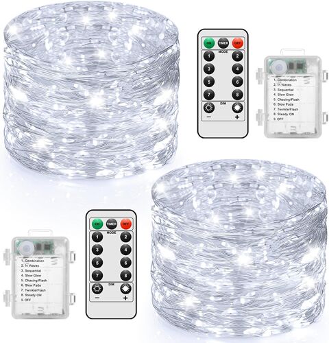 Kalanka-Lot De 2 Guirlandes Lumineuses À Piles Blanche,10m 100 Led Guirlande Lumineuse Exterieure Étanche Avec Télécommande Et 8 Modes,Guirlande Lumineuse Intérieur Pour Chambre,Decoration Noel,Fête