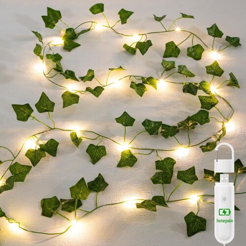 Kalanka-Guirlande Lumineuse Rechargeable Avec Minuterie, Lierre Artificiel Avec 20 Led, Batterie, Rechargeable Par Usb, 8 Modes, Blanc Chaud, 2 M, Pour Intérieur Et Extérieur, Printemps, Mariage
