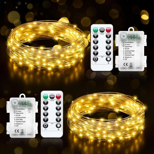 Kalanka-Lot De 2 Guirlande Lumineuse A Pile, 5m 50led Guirlande Led À Pile En Fil 8 Modes Avec Télécommande Minuterie Ip65 Etanche Guirlande Led Pour Intérieur Et Extérieur, Chambre, Mariage, Fête, N