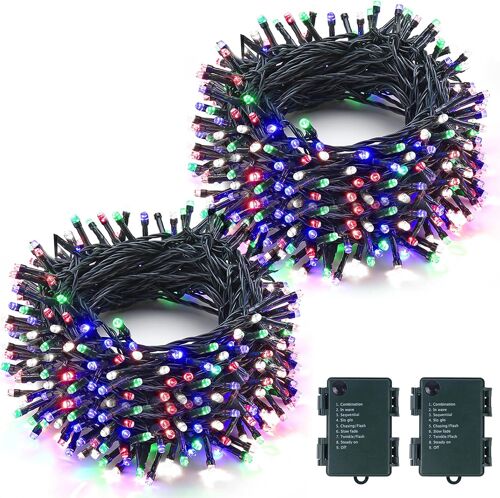 Kalanka-Lot De 2 10m 100 Led Guirlande Lumineuse Pile, Guirlande Lumineuse Exterieure, Guirlande Lumineuses Multicolore, 8 Modes De Noël Par Chambre, Mariage, 2 Pièces, Multicolore
