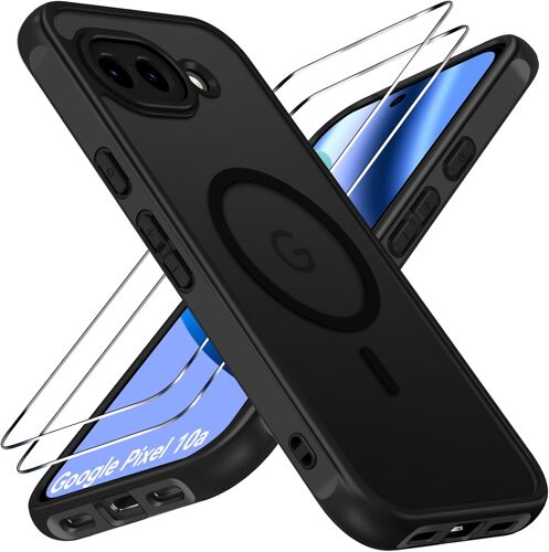 ELVORIX-Magnétique Coque pour Google Pixel 10a, avec 2 Pièces Verre Trempé, Anti-Jaunissement Protection Militaire Étui de Mince Bumper Housse - Noir