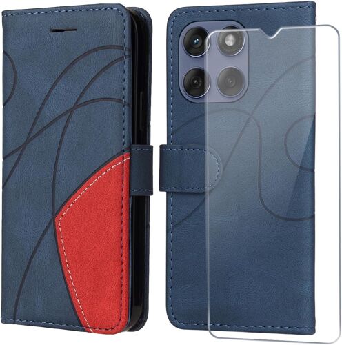 ELVORIX-Coque pour Motorola Moto Edge 60 Fusion 5G / Moto Edge 60 5G avec 1 Pièces Verre Trempé Protection, Premium PU Cuir Multifonction Magnétique Portefeuille à Rabat Flip Housse Étui - Bleu