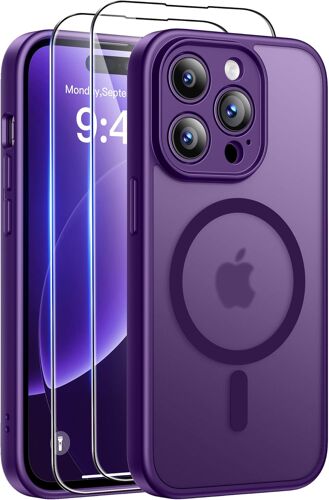 ELVORIX-Coque pour iPhone 14 Pro (6,1 Pouces) avec 2 Verres Trempés, Compatible avec Mag Safe, Coque Mat Translucide Fine Antichoc, PC Dur Housse Arrière Anti-Rayures + TPU Bumper Antichoc, Violet