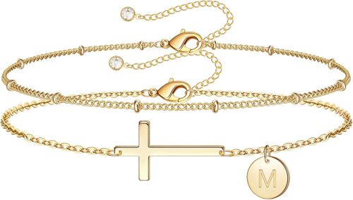 Kalanka-Bracelet Pour Femme En Or Avec Croix - Plaqué Or 14 Carats - Personnalisable - Avec Lettres Monogrammes - Disques - Bijoux En Or - Cadeau De Baptême Pour Femmes Et Adolescentes