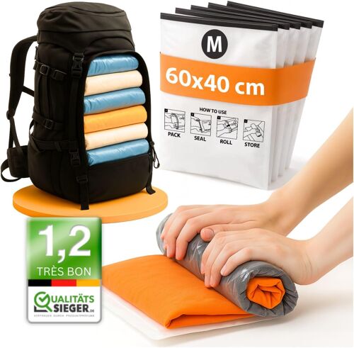 KALANKA-Sac Sous Vide Voyage à Rouler I 8 PIECES I Taille M: 60x40 cm I Sac de Rangement Sous Vide Sans Aspirateur I Pochette Sous Vide Vetement Voyage sans Valve pour Valise et Sacs à Dos