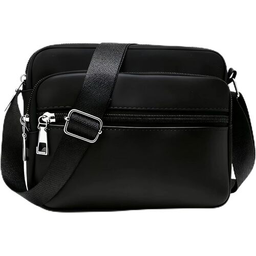 KALANKA-Sac bandoulière Femme Noir,Petit Sac à Main en Nylon avec 3 Compartiments à zip Léger et Grand Volume Sac Besace élégant et Pratique pour tous les jours, voyage et travail