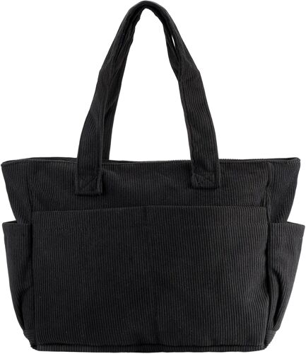 KALANKA-Sac Velours Cotelé Femme à Fermeture éClair, Grand Sac a Main Femme avec Plusieurs Compartiments, Adapté au Shopping, Au Travail, à L'éCole, Aux Voyages et à un Usage Quotidien (Noir, 13 Litr