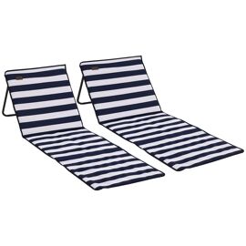 Lot De 2 Tapis De Plage Rembourrés Pliables - Matelas De Plage - Dossier Inclinable, Rangement - Métal Polyester Blanc Bleu