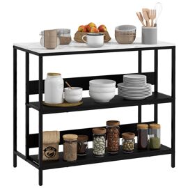 Îlot Central De Cuisine - 2 Étagères, Plateau - Dim. 100l X 50l X 90h Cm - Châssis Acier Panneaux Noirs Plateau Aspect Marbre Blanc