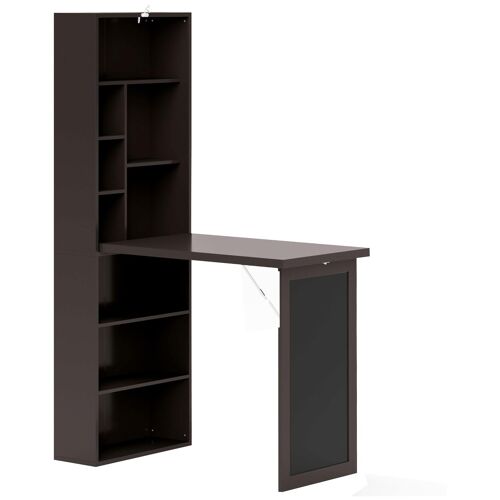 Bureau mural pliable table murale rabattable suspendue sur pied avec bibliothèque tableau à craie intégré panneaux particules chocolat