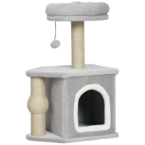 Arbre À Chat H.66 Cm Poteaux À Griffer Jute Lit Maison Chat Plateforme Balle De Jeu Gris