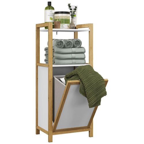 Meuble bas de salle de bain sur pied - 2 étagères, panier à linge - dim. 40L x 30l x 86,5H cm - bambou MDF blanc