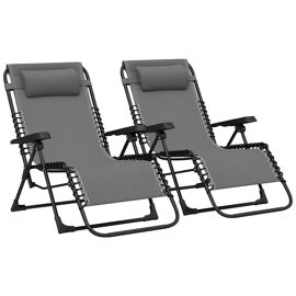 Lot De 2 Chaises Longues Pliables Zéro Gravité Coussin Tétière Amovible Métal Époxy Textilène Gris