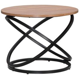 Table basse ronde design néo-rétro acier anneaux noir effet bois clair