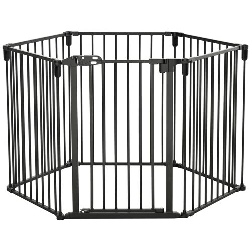 Pawhut Barrière De Sécurité - Parc Enclos Chien Modulable Pliable - Porte Verrouillable - 6 Panneaux Acier Et Pp - Dim. 362,5l Max. X 76h Cm Noir