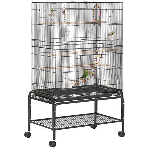 Cage À Oiseaux Sur Roulettes - Étagère, Plateau Déjection, 3 Perchoirs, 4 Mangeoirs, 2 Portes, 8 Trappes, Accessoires - Acier Noir