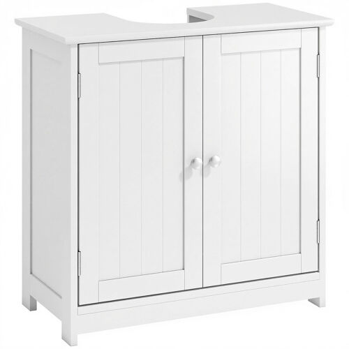 Meuble vasque - meuble sous-vasque - 2 portes rainurées avec étagère réglable - poignées métal chromé - dim. 60L x 30l x 60H cm - MDF blanc