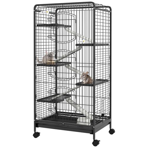 Cage Pour Petits Animaux Roulante 5 Rampes 5 Plateformes Gamelle Distributeur Eau Plateau Amovible Métal Pp Noir