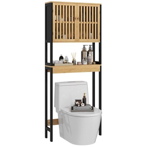 Meuble étagère dessus WC - 2 portes, 2 étagères - MDF noir bois bambou verni