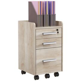 Caisson de bureau rangement bureau sur roulettes 3 tiroirs 1 verrouillable 1 trieur dossiers MDF panneaux chêne clair