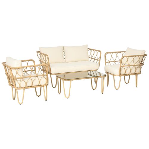 Salon De Jardin 4 Places 4 Pièces Style Colonial Écru Aspect Rotin