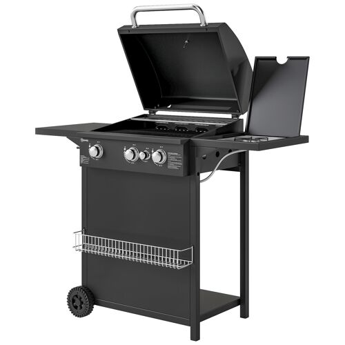 Barbecue gaz 3+1 brûleurs avec couvercle 2 roues - 9,5 kW - 2 grilles chromées, étagères latérales, thermomètre - noir