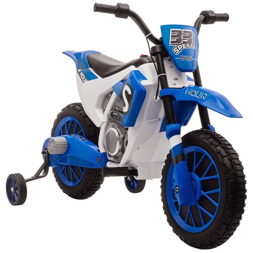 Moto cross électrique enfant 3 à 5 ans 12 V 3-8 Km/h avec roulettes latérales amovibles dim. 106,5L x 51,5l x 68H cm bleu
