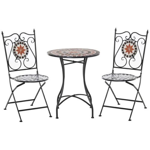 Ensemble bistro 2 places 3 pièces style fer forgé mosaïque céramique motif rose des vents chaises pliables métal époxy noir