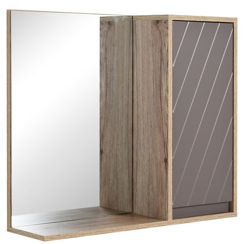 Miroir de salle de bain avec étagère et placard - système fixation intégré - panneaux particules chêne clair gris