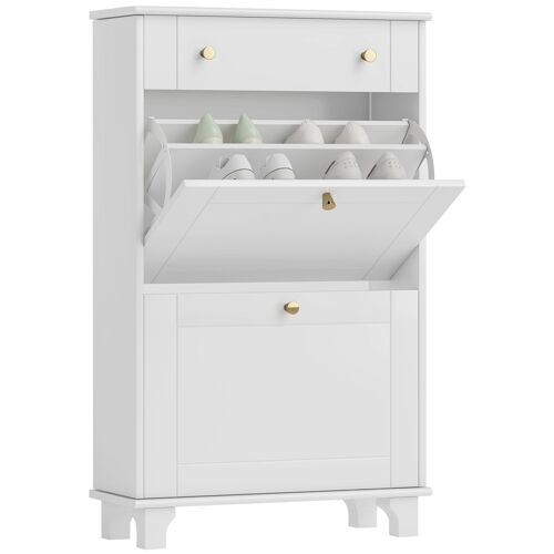 Meuble à chaussures design - tiroir, 2 portes abattantes - dim. 60 x 23,5 x 98 cm - poignées métal doré blanc