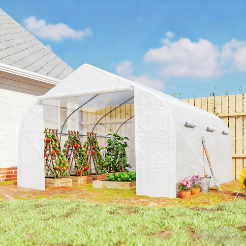 Serre Tunnel De Jardin Dim. 4,45l X 2,99l X 2h M Porte + 6 Fen?Tres Enroulables Acier Galvanis? B?Che Pe Haute Densit? Blanc