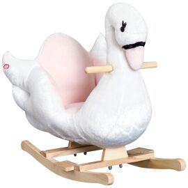 Cheval à bascule modèle cygne fonction musicale assise enveloppante cale-pieds bois peluche douce blanc rose
