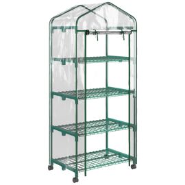 Serre De Jardin Balcon Sur Roulettes 4 ?Tag?Res Dim. 0,69l X 0,5l X 1,65h M Acier Thermolaqu? B?Che Pvc Porte Zipp?E Transparente