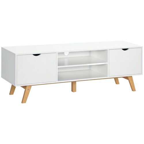 Meuble Tv Bas Sur Pied Style Scandinave 2 Portes 2 Niches Passe-fils Panneaux Particules Mdf Blanc Bois Massif Hévéa