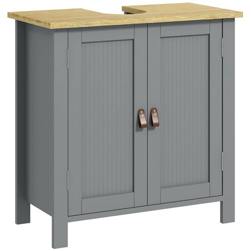 Meuble salle de bain sur pied - meuble sous-vasque - 2 portes, étagère - MDF panneaux aspect bois clair gris