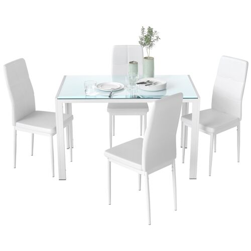 Ensemble table à manger rectangulaire et 4 chaises grand confort métal blanc plateau verre trempé 8 mm