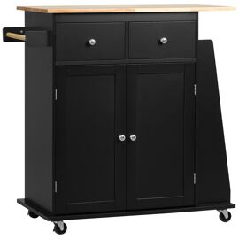 Desserte De Cuisine Multi Rangements 2 Tiroirs Placard 2 Portes Avec Étagère 3 Range-Bouteilles Porte-Torchons Mdf Noir Hévéa