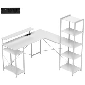 Bureau d'angle design contemporain multi-rangement - prise intégrée - métal panneaux blanc