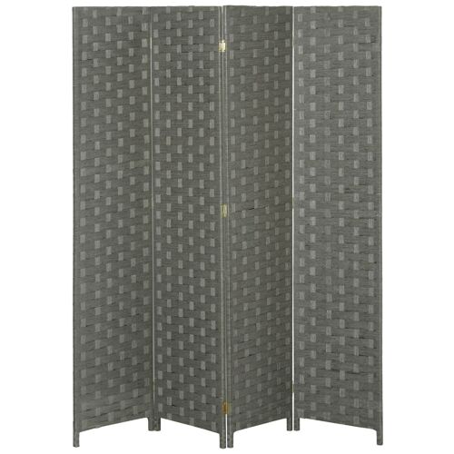 Paravent intérieur 4 panneaux pliables séparateur de pièce bois de pin fibres de papier tressé gris