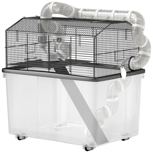 Cage Pour Hamster Sur Roulettes - Cage À Rongeur 2 Portes - Accessoires Multiples - Acier Noir Pp Transparent