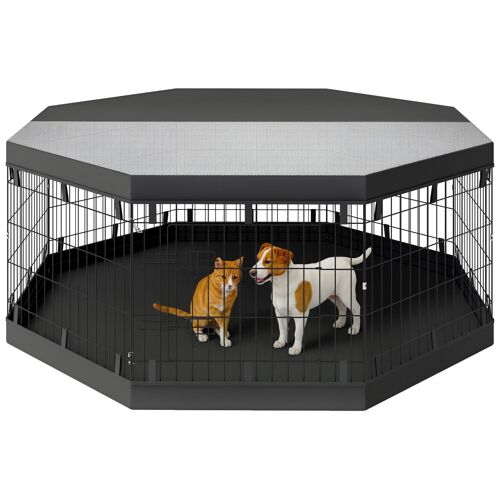 Parc Enclos Chien Modulable Intérieur 8 Panneaux Pliables - Porte, Bâche Bas Haut - Acier Noir