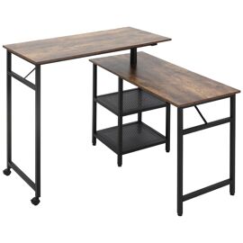 Bureau industriel d'angle modulable 2 étagères aspect bois métal noir