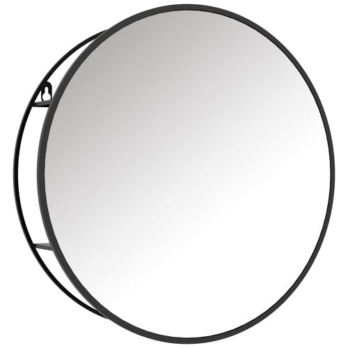 Miroir mural rond dia. 50 cm - 2 étagères - noir